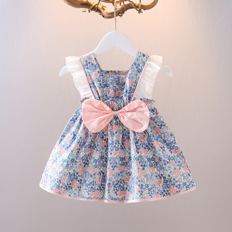 summer new arrival: girls' floral cotton dress with back bow and lace trim, featuring lace sleeves
