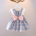 summer new arrival: girls' floral cotton dress with back bow and lace trim, featuring lace sleeves