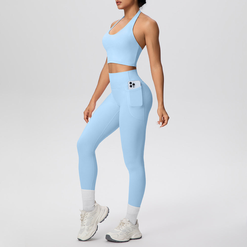 New women's solid color brushed halter tank top and pocket pants yoga set - two-piece activewear for running and fitness
