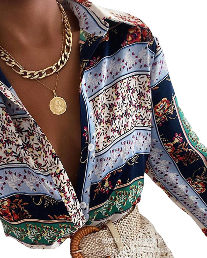 Spot  2022 European and American women's clothing color matching printed shirt shirt