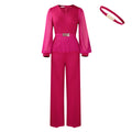 D555 cross-border women's elegant & chic office outfit: v-neck long sleeve ruched waist top & wide leg pants set