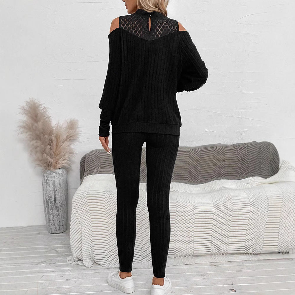 Amazon cross-border fashion set: european and american style, casual off-shoulder long sleeve top and pants two-piece set with cutout detail