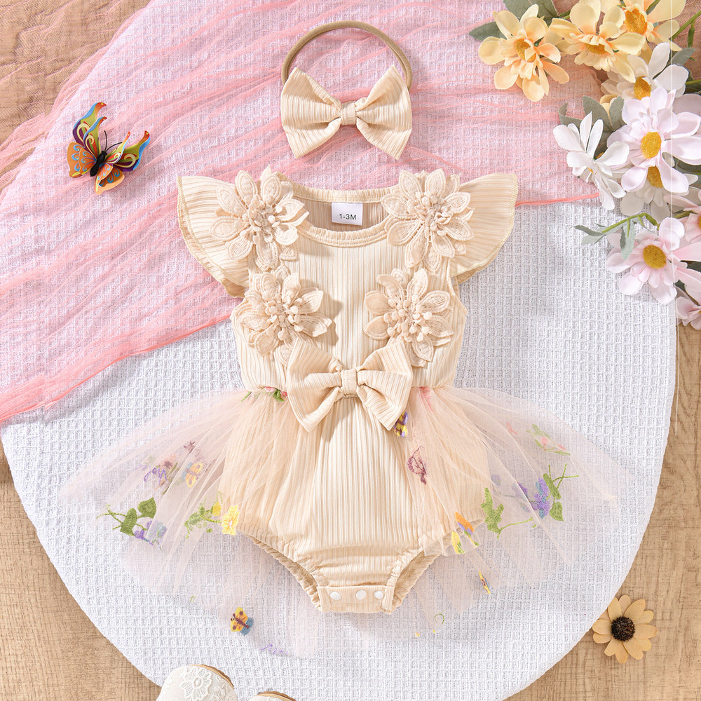 Baby girl party outfit cute ribbed knit & mesh romper with headband set