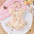 Baby girl party outfit cute ribbed knit & mesh romper with headband set