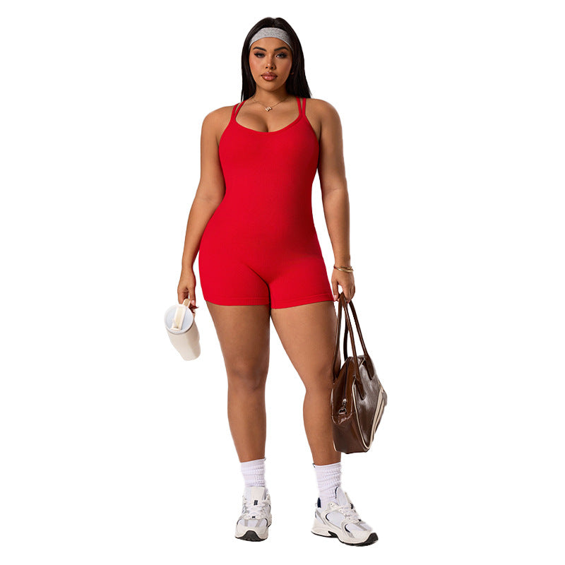 European and american style plus size yoga bodysuit - summer stretch tummy control peach lift one-piece workout jumpsuit - new women's collection