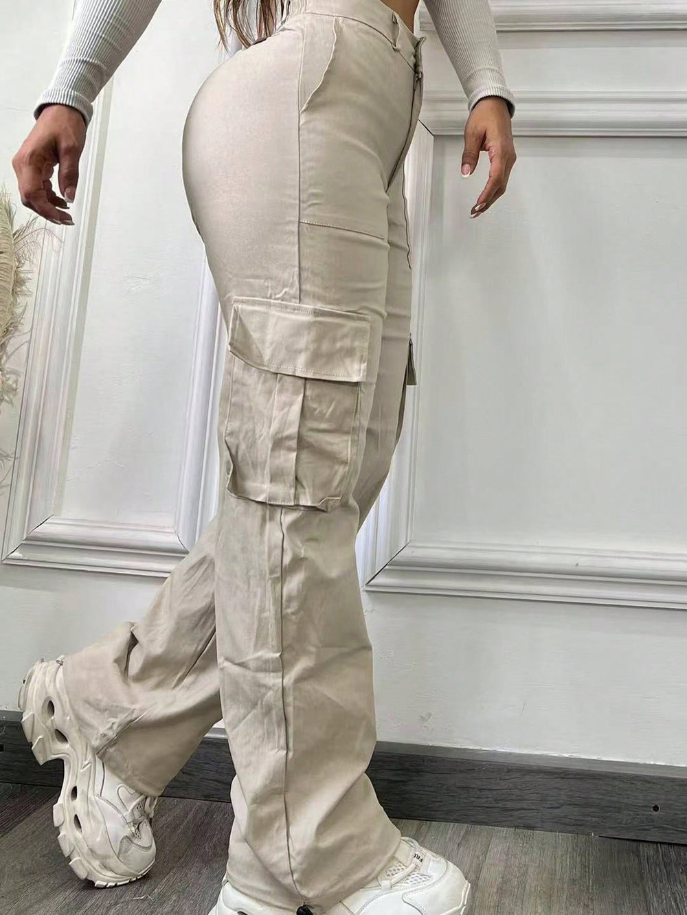 S391319 cross-border fashion high-waisted straight-leg pants - multi-pocket cargo style casual trousers for women