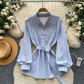 Korean style commute-friendly, skin-friendly & breathable yellow shirtdress - women's long sleeve tie-waist slimming design top