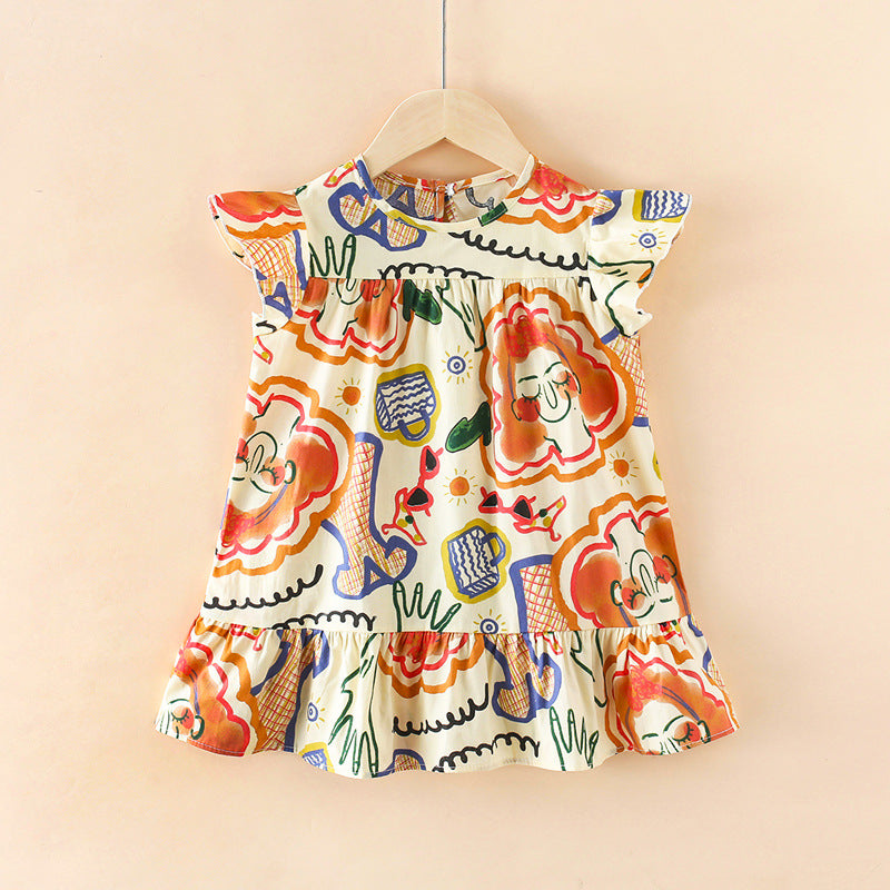 Ojitu all-cotton a-line dress - spring collection for girls (toddler & little kids) - lace sleeve, cartoon print, children's dress