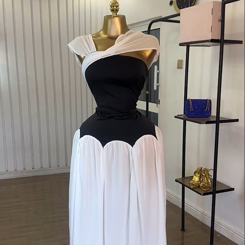 European and american cross-border women's fashion:  summer new arrival - elegant design, mesh paneling, color block, slim-fit, figure-flattering dress