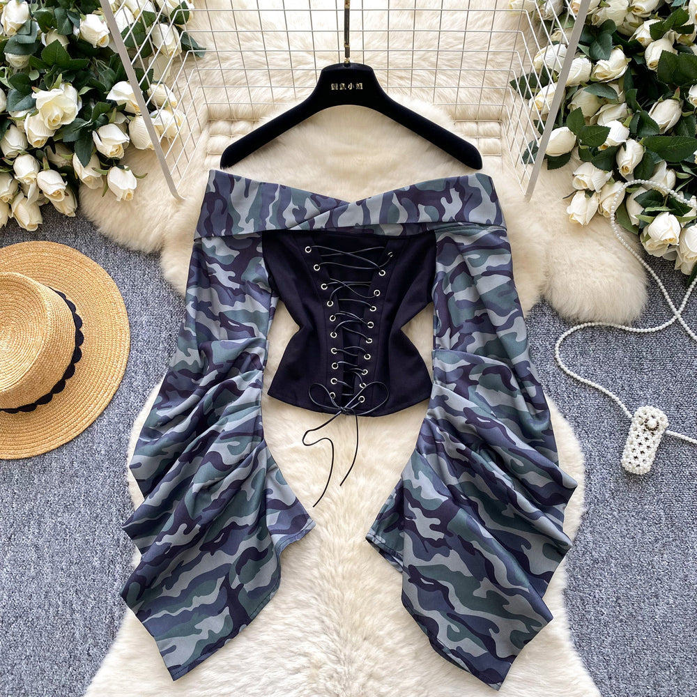 European and american women's clothing 2025 autumn new design: tie-waist, off-the-shoulder, ruched, long-sleeve, slim-fit top