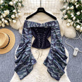 European and american women's clothing 2025 autumn new design: tie-waist, off-the-shoulder, ruched, long-sleeve, slim-fit top