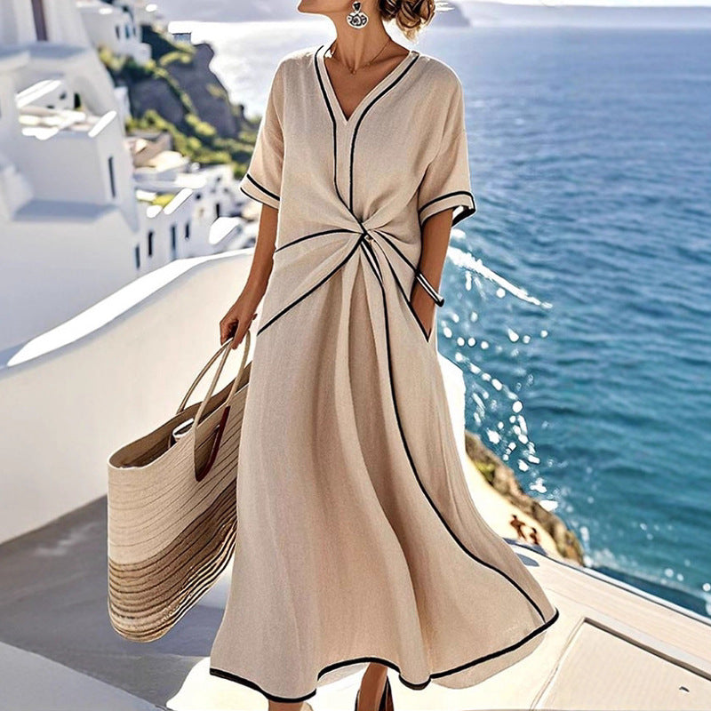 european and american women's clothing: new summer collection - polished bohemian style, elegant v-neck, slimming, vacation-ready dress