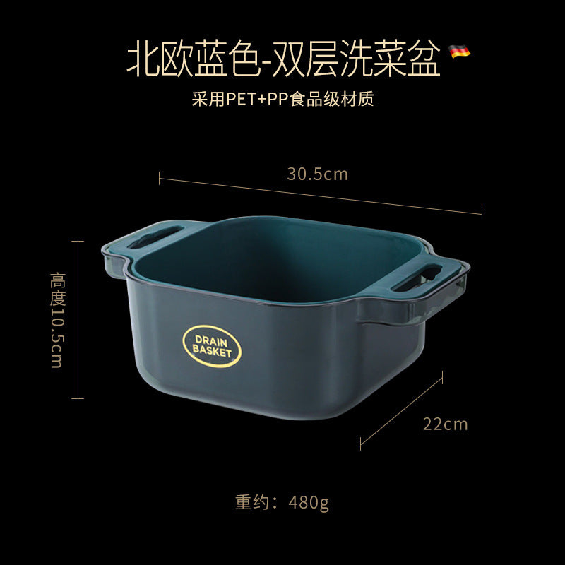 Plastic vegetable basin, kitchen hollow drain basket, vegetable basket storage, household large-capacity double-layer plastic basin washbasin