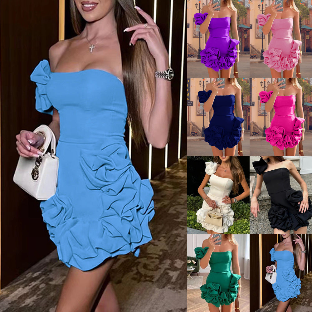 26summernew arrival cross-border european and american women's clothing dress ruffles bud waist dress one shoulder tube top hip skirt