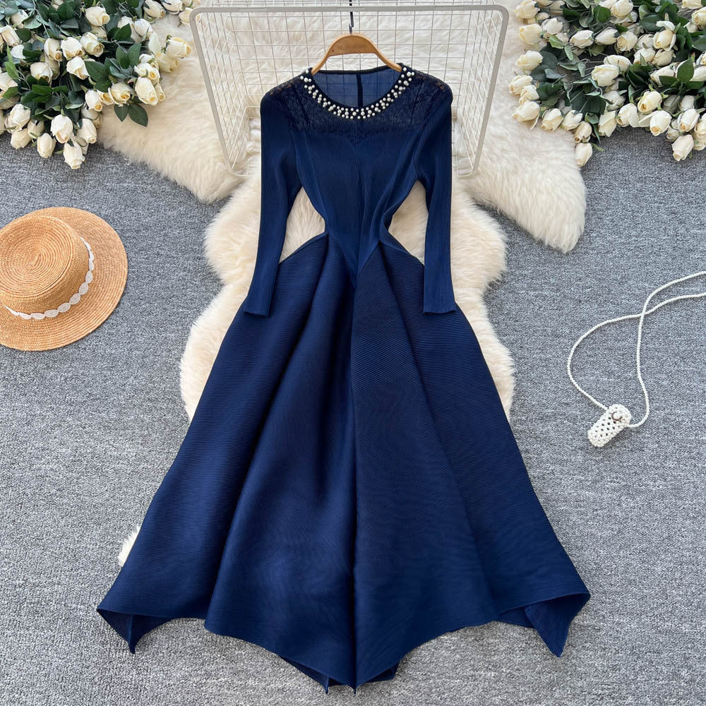 Miya european and american dress women's  autumn fashion beaded round neck long sleeve waist slimmingelegant pleated long skirt