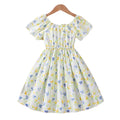 Summer girls' dress for export - light yellow floral print, round neck, bow accent, cute pleated princess skirt