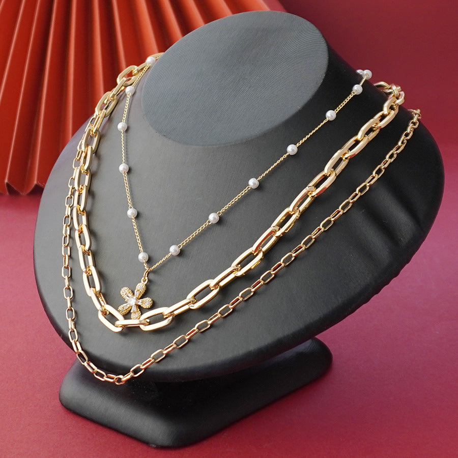 Faux pearl long drawstring necklace floral necklace 3-in-1 unique pearl necklace simple choker school gift