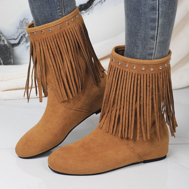 Plus size tassel boots exportautumnew arrivalfashion style suede v-mouth round toe hidden heel women's boots cross-border