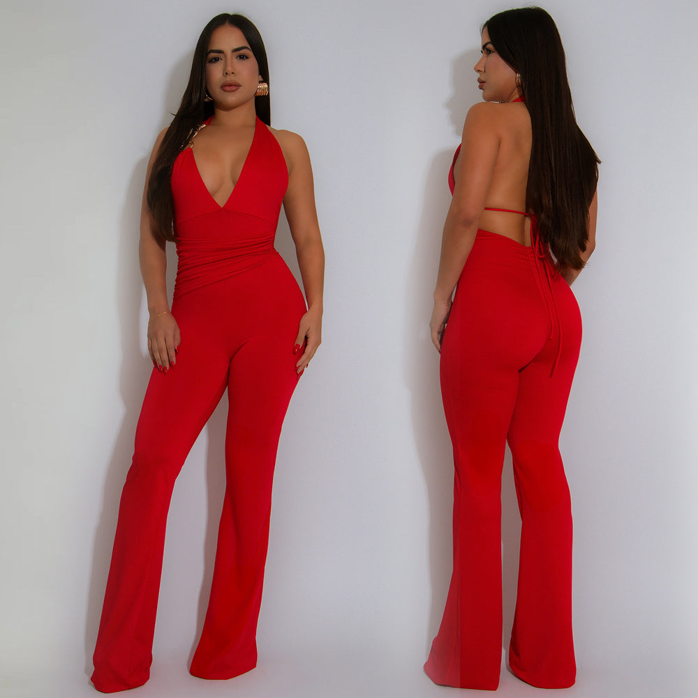 C7329 cross-border   fashion women's strappy sexy deep v halter neck solid color jumpsuit new