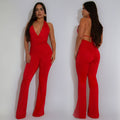 C7329 cross-border   fashion women's strappy sexy deep v halter neck solid color jumpsuit new