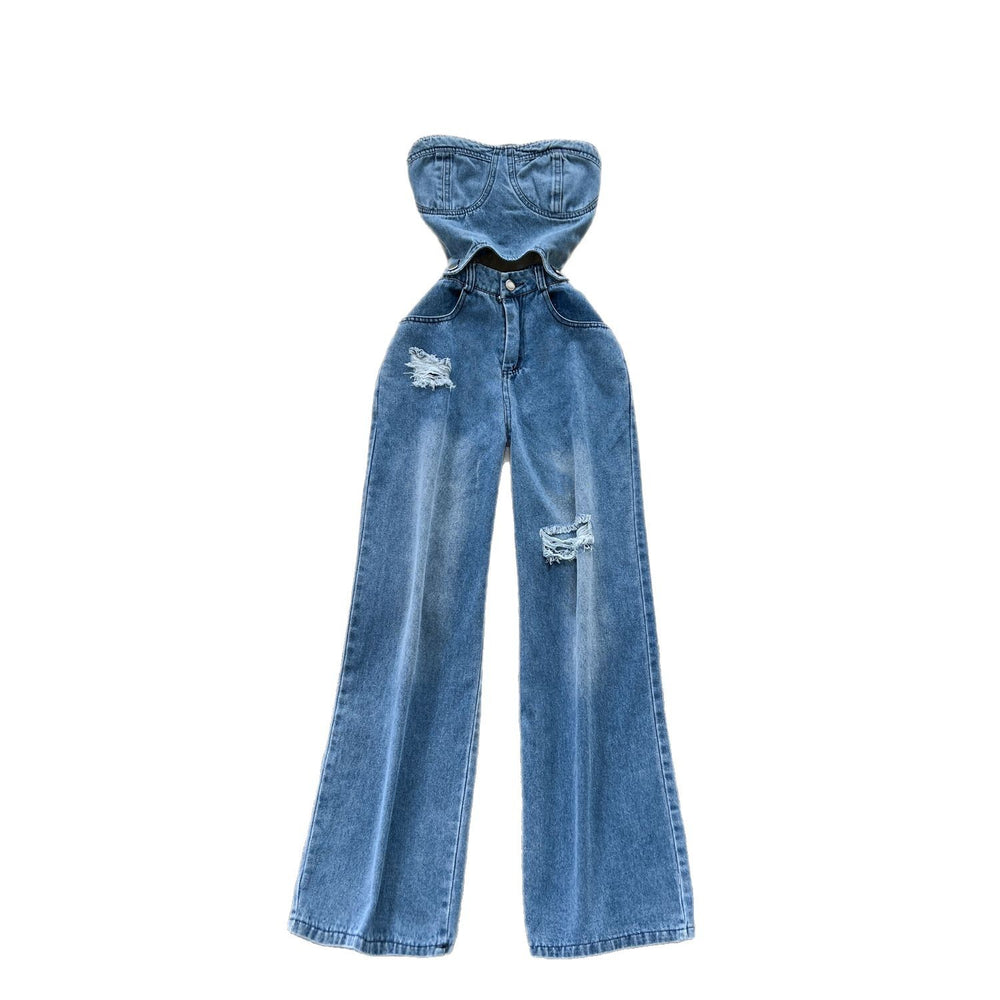 Hong kong style chicpopularnew arrivalsense of design heart cut out sleeveless high waistslimming look ripped casual denim jumpsuit