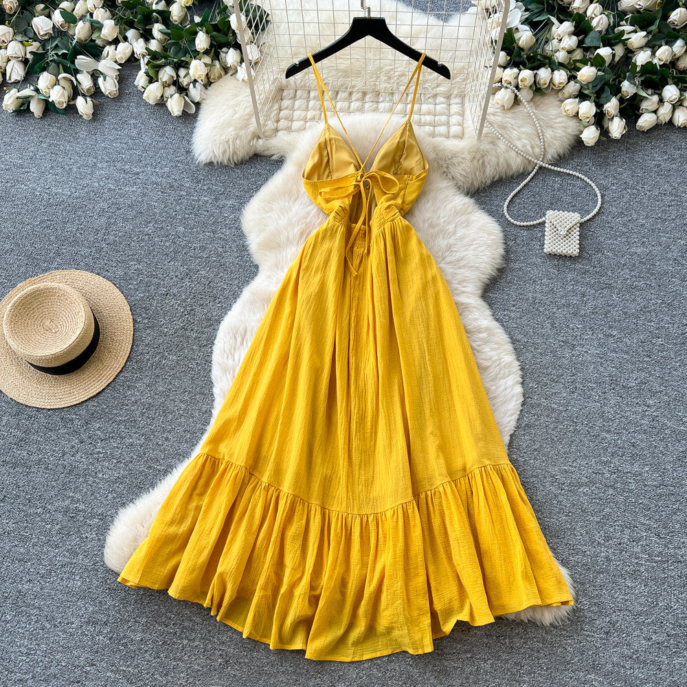 French yellow suspender pure desire backless dress women's summer k-style waist ruffles slimming look vacation style long skirt