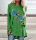 2025 amazon wish european and american new women's long-sleeve crew neck dragonfly print plus size t-shirt - casual and versatile
