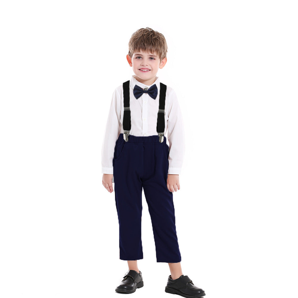 kidsautum children's clothing k-style boys' suit cotton long-sleeved white shirt overalls first birthday dress manufacturer