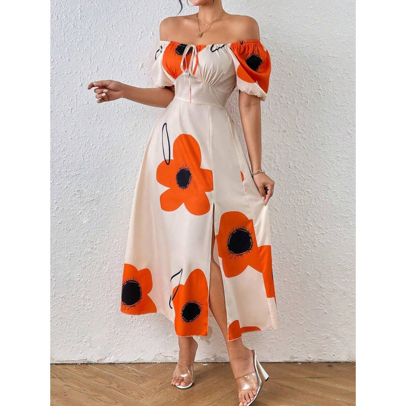 fashion  summer new arrival pleated strap slit puff sleeve square neck mid-length dress for women