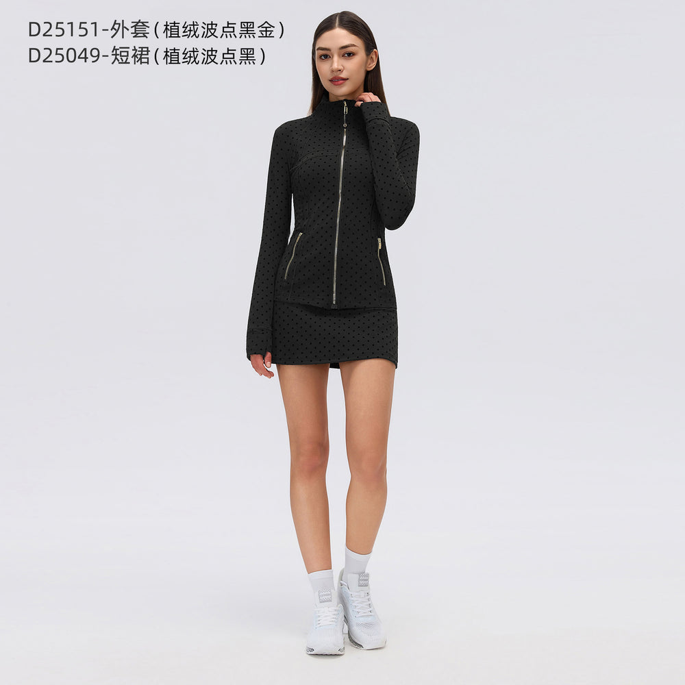 Big brand same style beautiful black polka dot yoga leggings women's stand collar jacket outwear silmslimming look sports suit