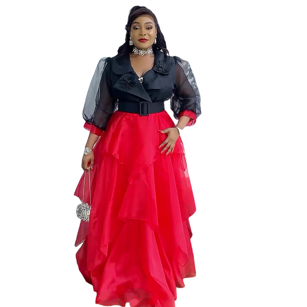 african  plus size women's elegant maxi dress  european and american french sweet & spicy color block dress