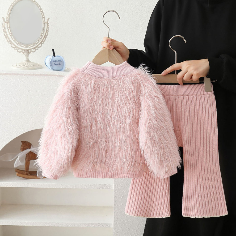 Girls' sweater set - new autumn/winter style, korean-inspired, solid color, fuzzy bow knit pullover two-piece outfit