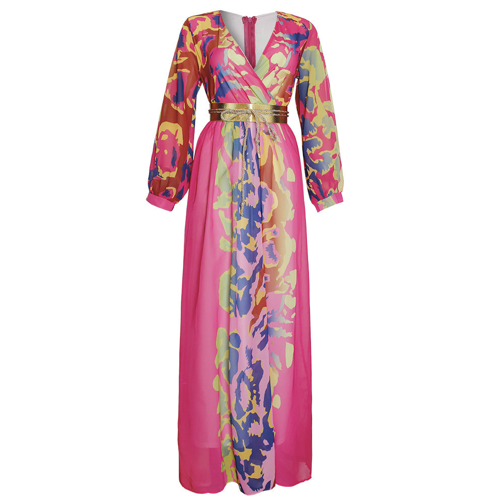 e-commerce  african plus size women's leopard print patchwork printed waist-cinching dress v-neck long sleeve belted