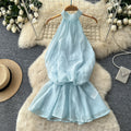 Qianjin style halter pleated backless suspender skirt for women summer pure lust style waist tie back holiday style vest tops