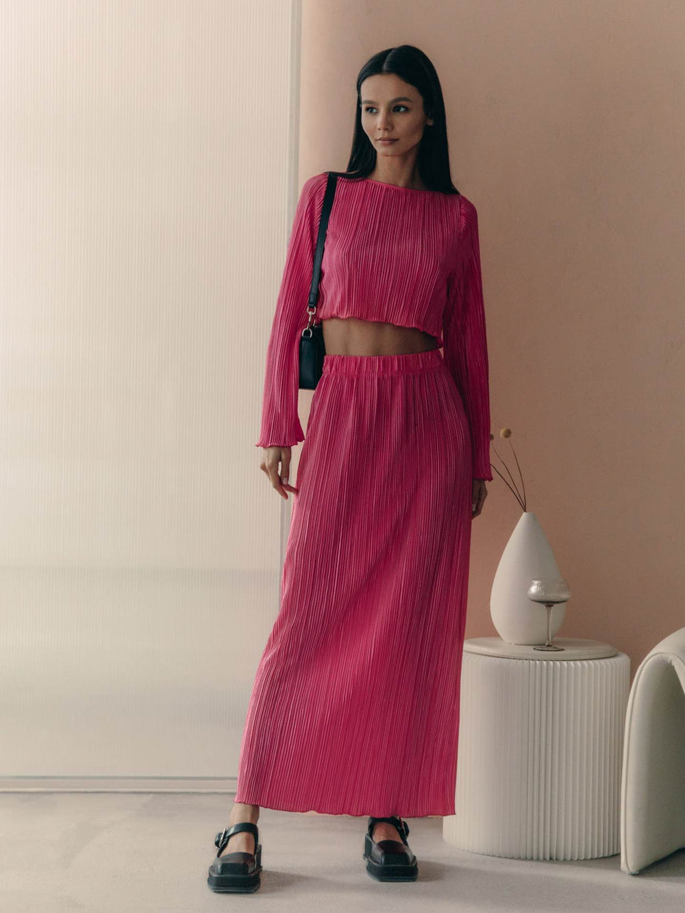 cross-border  fashion: european & american casual short flared sleeve top & exquisite pleated maxi skirt set