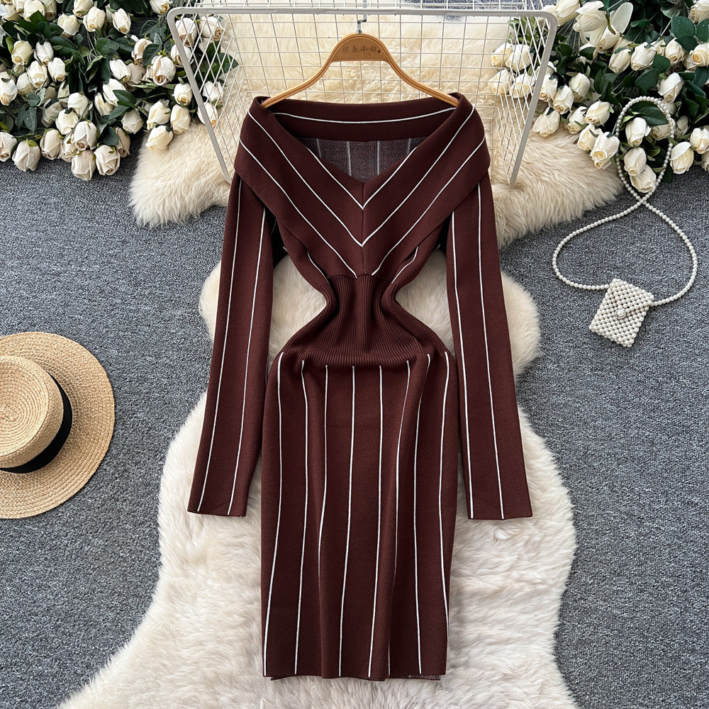 Xiaoxiangfengclassy contrast colorbows strappy long sleevesdress women's metal buckle waist slimming lookknitting short skirt