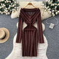 Xiaoxiangfengclassy contrast colorbows strappy long sleevesdress women's metal buckle waist slimming lookknitting short skirt