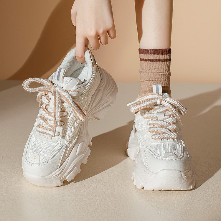 Thick sole dad shoes for women 2025new arrivalsummer mesh breathable white shoescasual sports shoes for small people heightening women's shoes