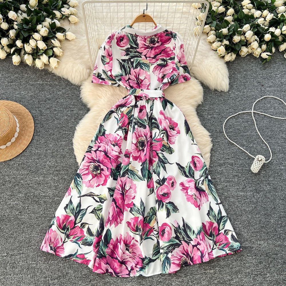 French chic elegant printed dress - women's summer  tie-waist slimming collared short sleeve shirt dress