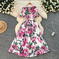 French chic elegant printed dress - women's summer  tie-waist slimming collared short sleeve shirt dress