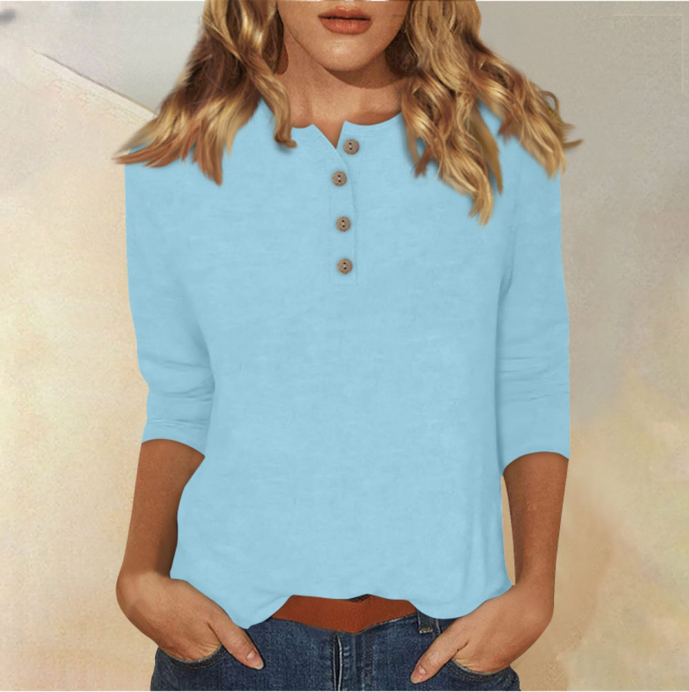 cross-border  women's fashion casual three-quarter sleeve solid color button-down crew neck t-shirt top