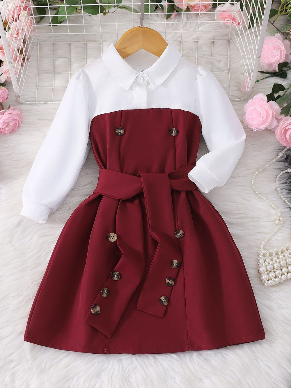 Children's long-sleeve collared button-up color block dress