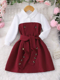 Children's long-sleeve collared button-up color block dress