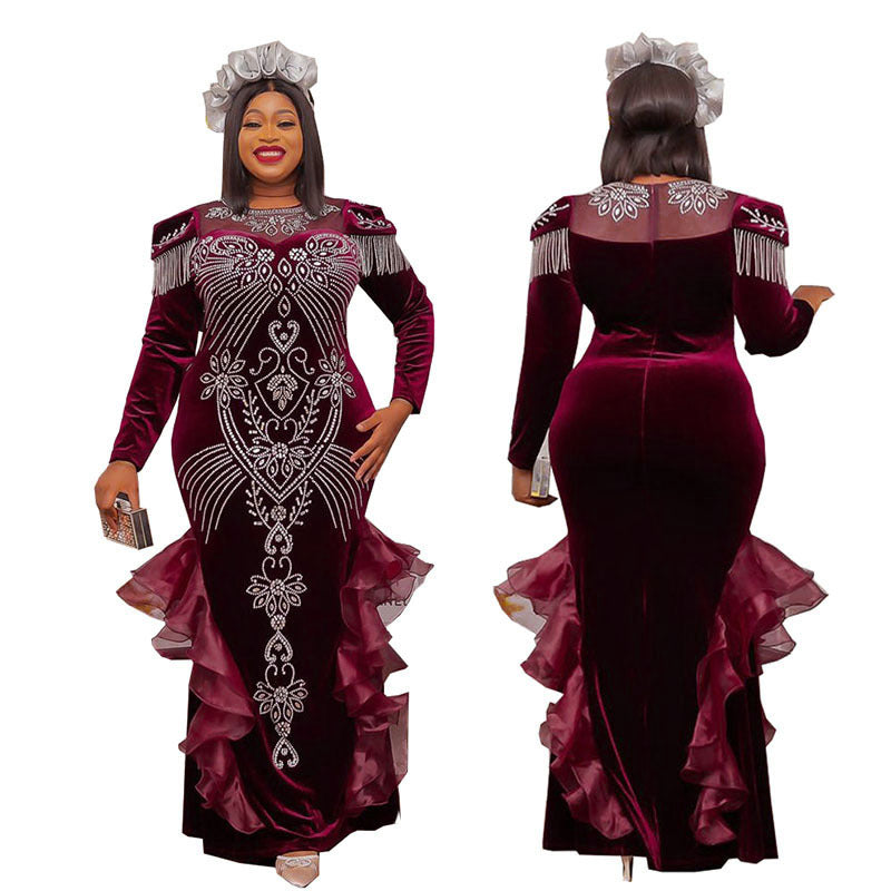 new arrivals: african cross-border sourcing - luxury rhinestone & beaded crew neck long sleeve korean velvet dress - special offer!