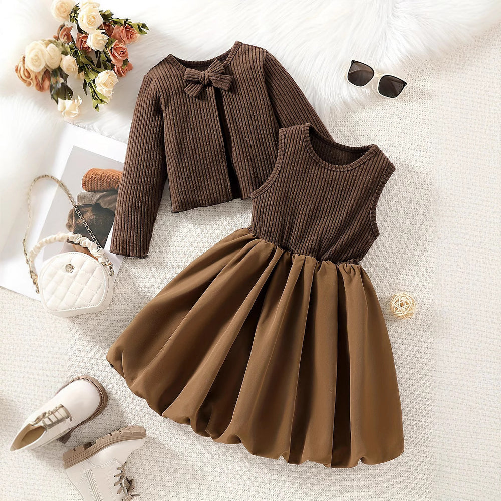 girl skirt suit brown pit stripes corduroy outwearpatchwork vest bows cute kids skirt