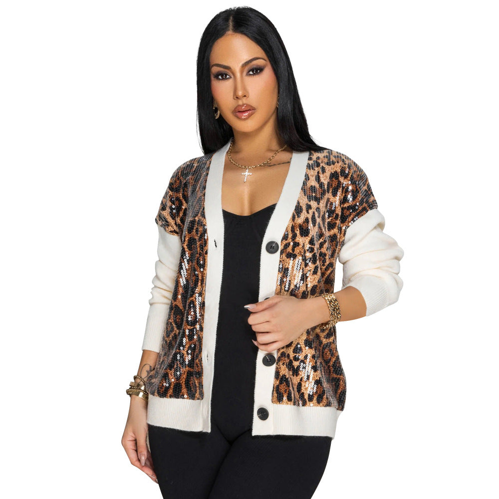 CY901813 European and American retro lazy style leopard print v-neck sequined jacket women's loose cardigan top  model