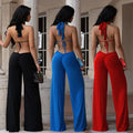 C7687 cross-border   fashion women's sexy lace-up backless solid color bodycon jumpsuit