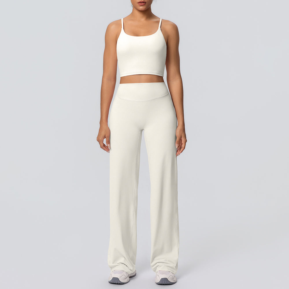 Sexy strappy back sports bra set with high-waisted wide-leg straight-leg yoga pants - perfect for outdoor leisure, running, and fitness