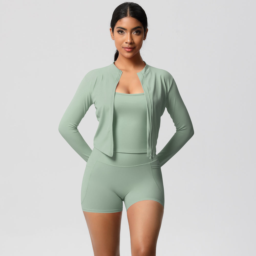 Cloud-feel outdoor leisure sports three-piece set: high-waisted, tight-fitting, pocketed, quick-dry yoga, pilates, running, and fitness apparel