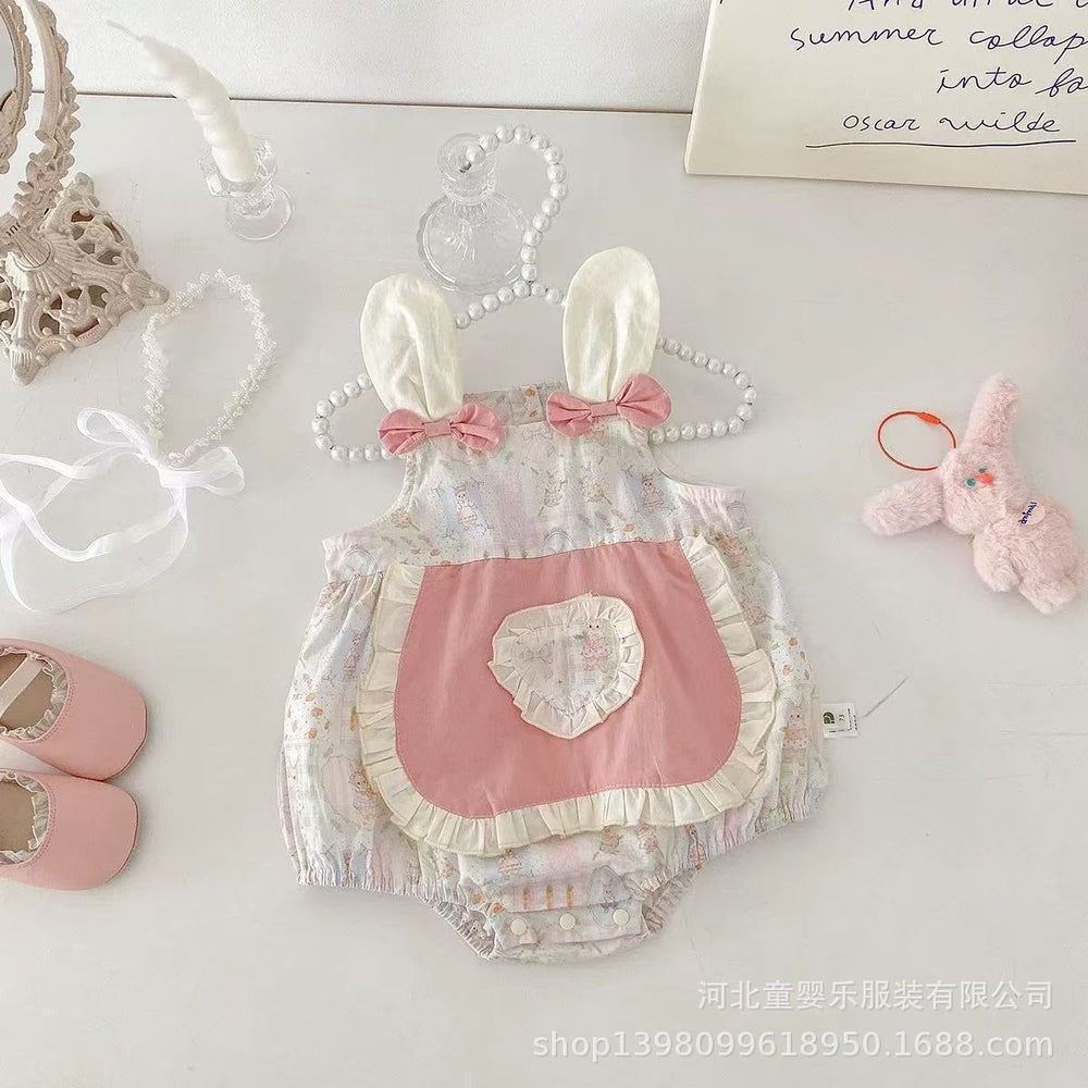 Summer lightweight baby romper - cute bunny sleeveless triangle bodysuit for baby girls - korean style summer outfit for outdoor wear - trendy